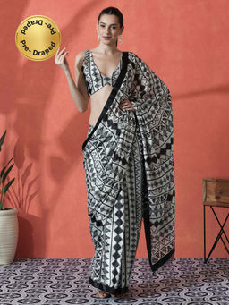 Lush Glam - Black and White Ready To Wear Printed Tassel Chinon Saree with Unstitched Blouse