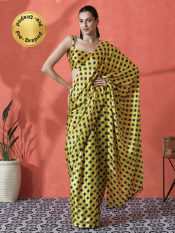 Lush Glam - Yellow Ready To Wear Printed Tassel Chinon Saree with Unstitched Blouse