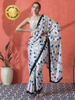 Lush Glam - White and Blue Ready To Wear Printed Chinon Saree with Unstitched Blouse