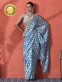 Lush Glam - Blue and White Ready To Wear Floral Printed Chinon Saree with Unstitched Blouse