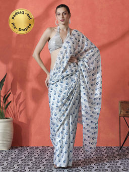 Lush Glam - White and Blue Ready To Wear Floral Printed Chinon Saree with Unstitched Blouse