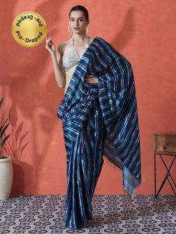Lush Glam - Navy Blue Ready To Wear Stripes Printed Chinon Saree with Unstitched Blouse