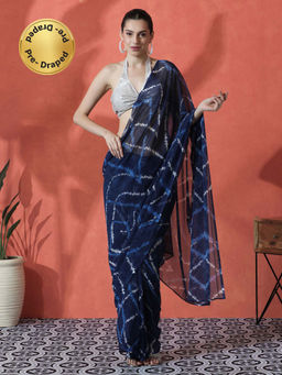 Lush Glam - Navy Blue Ready To Wear Printed Georgette Saree with Unstitched Blouse