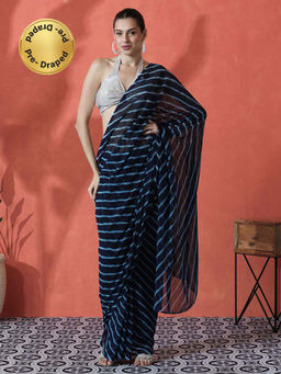 Lush Glam - Navy Blue Ready To Wear Leheriya Printed Georgette Saree with Unstitched Blouse