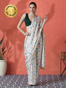 Lush Glam - Off White Ready To Wear Floral Printed Chinon Saree with Unstitched Blouse