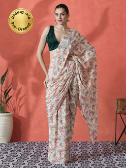 Lush Glam - Cream Ready To Wear Floral Printed Georgette Saree with Unstitched Blouse