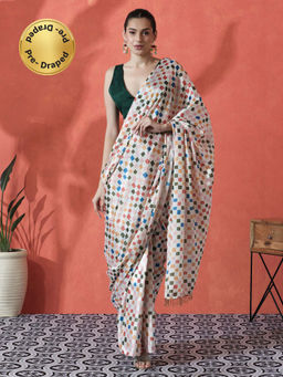 Lush Glam - Multi-Color Ready To Wear Checks Printed Chinon Saree with Unstitched Blouse