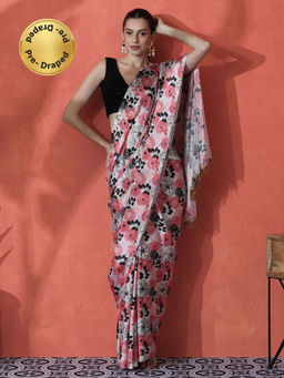 Lush Glam - Multi-Color Ready To Wear Floral Printed Chinon Saree with Unstitched Blouse