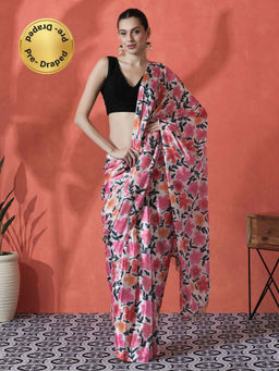Lush Glam - Multi-Color Ready To Wear Floral Printed Chinon Saree with Unstitched Blouse
