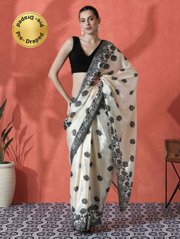 Lush Glam - Off White Ready To Wear Floral Printed Chinon Saree with Unstitched Blouse