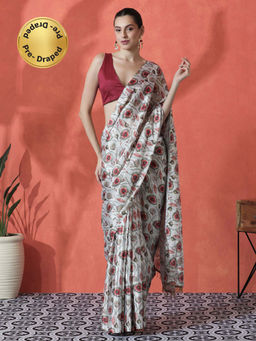 Lush Glam - Multi-Color Ready To Wear Floral Printed Chinon Saree with Unstitched Blouse