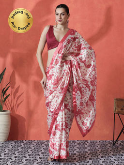 Lush Glam - White and Pink Ready To Wear Floral Printed Chinon Saree with Unstitched Blouse