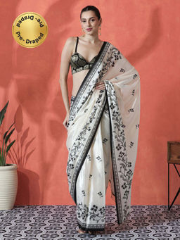 Lush Glam - Off White Ready To Wear Floral Printed Chinon Saree with Unstitched Blouse