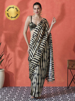Lush Glam - Multi-Color Ready To Wear Stripes Printed Chinon Saree with Unstitched Blouse
