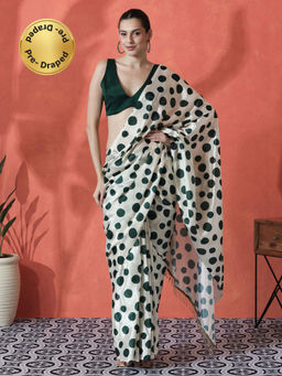 Lush Glam - Green and Off White Ready To Wear Polka Dots Chinon Saree with Unstitched Blouse