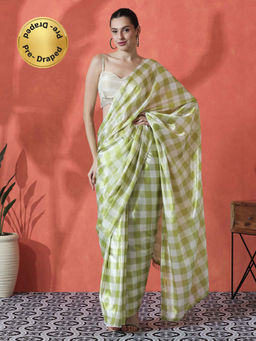 Lush Glam - Green Ready To Wear Checks Printed Chinon Saree with Unstitched Blouse
