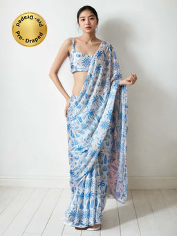 Lush Glam - Chinon Fabric Modern Pre-Drape Saree with Unstitched Blouse