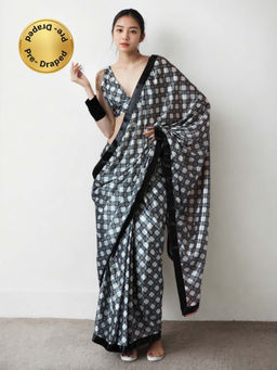 Lush Glam - Chinon Multi Color Pre-Draped Saree with Unstitched Blouse