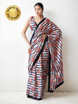 Lush Glam - Chinon Multi Color Pre-Draped Saree with Unstitched Blouse