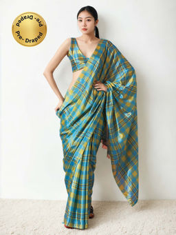 Lush Glam - Chinon Multi Color Pre-Draped Saree with Unstitched Blouse