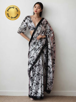 Lush Glam - Chinon White Pre-Draped Saree with Unstitched Blouse