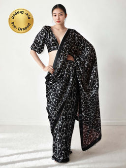 Lush Glam - Chinon Black Ready To Wear Saree with Unstitched Blouse