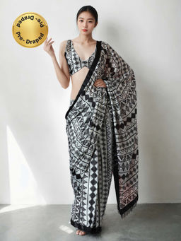 Lush Glam - Chinon Multi Color Pre-Draped Saree with Unstitched Blouse