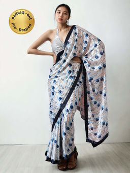 Lush Glam - Chinon White Pre-Draped Saree with Unstitched Blouse