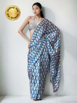 Lush Glam - Chinon Blue Pre-Stitched Saree with Unstitched Blouse
