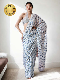 Lush Glam - Chinon White Ready To Wear Saree with Unstitched Blouse