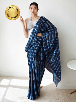 Lush Glam - Chinon Blue Pre-Draped Saree with Unstitched Blouse