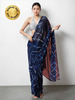 Lush Glam - Chinon Blue Pre Draped Saree with Unstitched Blouse