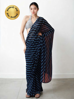 Lush Glam - Chinon Blue Ready To Wear Saree with Unstitched Blouse