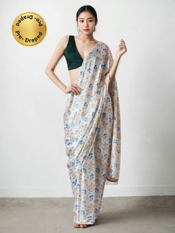 Lush Glam - Chinon White Pre-Drape Saree with Unstitched Blouse