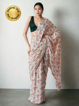 Lush Glam - Chinon Cream Pre-Drape Saree with Unstitched Blouse