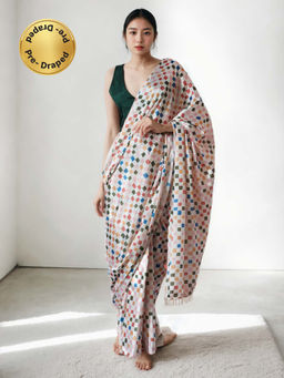 Lush Glam - Chinon Cream Pre-Drape Saree with Unstitched Blouse