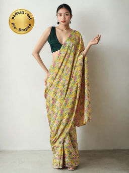 Lush Glam - Chinon Yellow Pre-Drape Saree with Unstitched Blouse