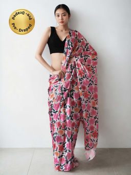 Lush Glam - Chinon Pink Pre-Drape Saree with Unstitched Blouse