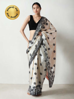 Lush Glam - Elegant Chinon Off White Pre Stitched Ease Saree with Unstitched Blouse