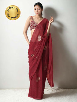 Lush Glam - Pre Stitched Red Chinon Saree with Unstitched Blouse