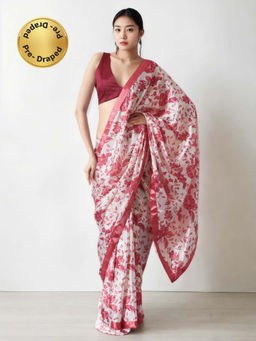 Lush Glam - Chinon Ready To Wear Red Saree with Unstitched Blouse
