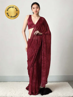 Lush Glam - Pre Stitched Maroon Chinon Saree with Unstitched Blouse