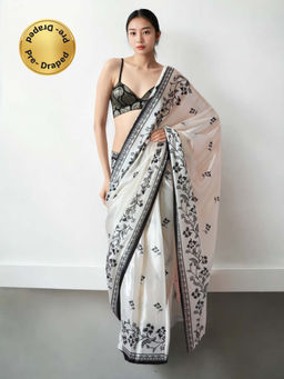 Lush Glam - Effortless Chinon Off White Ready To Wear Saree with Unstitched Blouse
