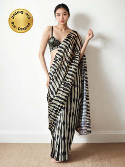 Lush Glam - Chinon Multi Color Pre-Drape Saree with Unstitched Blouse
