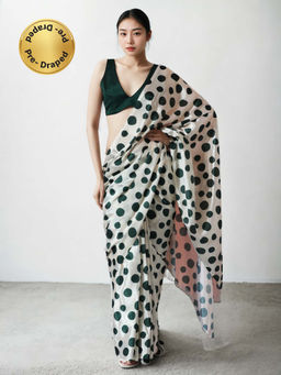 Lush Glam - Chinon Pre-Draped Green Saree with Unstitched Blouse