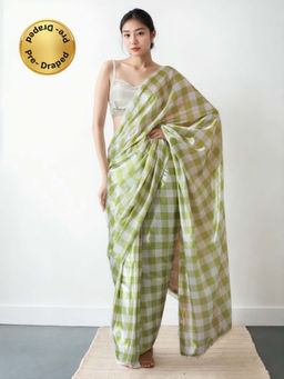 Lush Glam - Chinon Pre-Draped Green Saree with Unstitched Blouse
