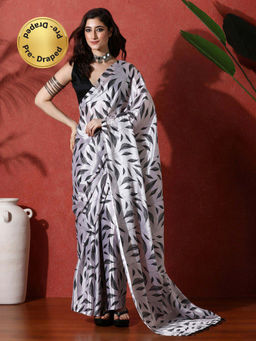 Lush Glam - Silver Ready To Wear Printed Chinon Saree With Unstitched Blouse