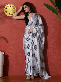 Lush Glam - Silver Ready To Wear Printed Phulkari Chinon Saree With Unstitched Blouse