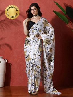 Lush Glam - White Ready To Wear Floral Chinon Saree With Unstitched Blouse