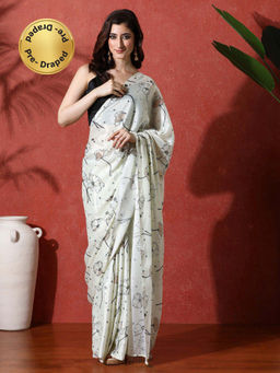 Lush Glam - Cream Ready To Wear Floral Phulkari Chinon Saree With Unstitched Blouse